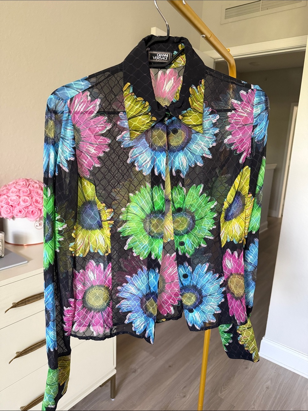 Versace Vintage Multicolor Floral Sheer Button-Front Blouse